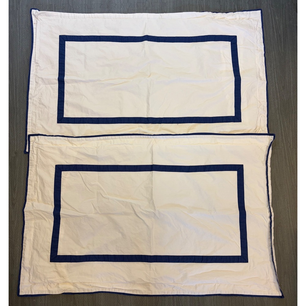 Pottery Barn King Pillow Shams Set of 2 White Navy Blue Bordered Coastal Cotton